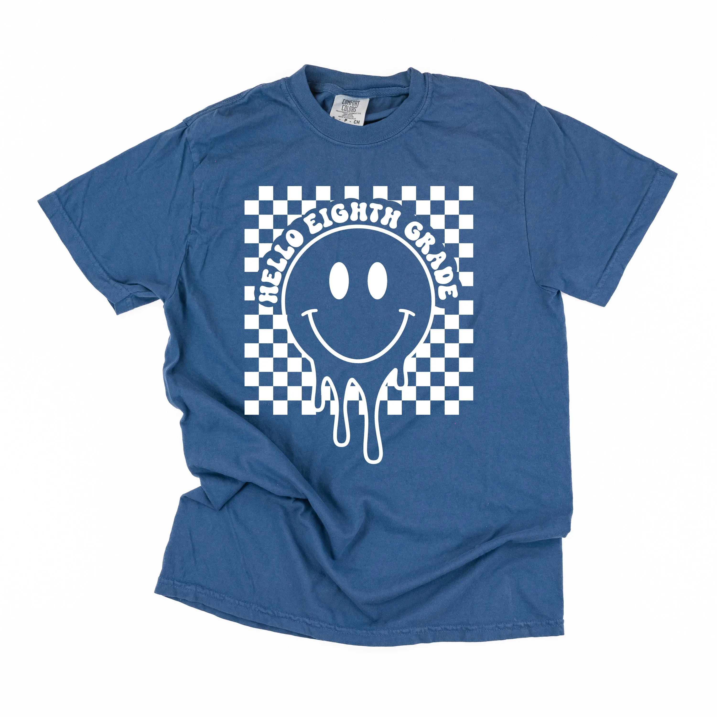 Hello Eighth Grade - Checker Smiley - SHORT SLEEVE COMFORT COLORS TEE