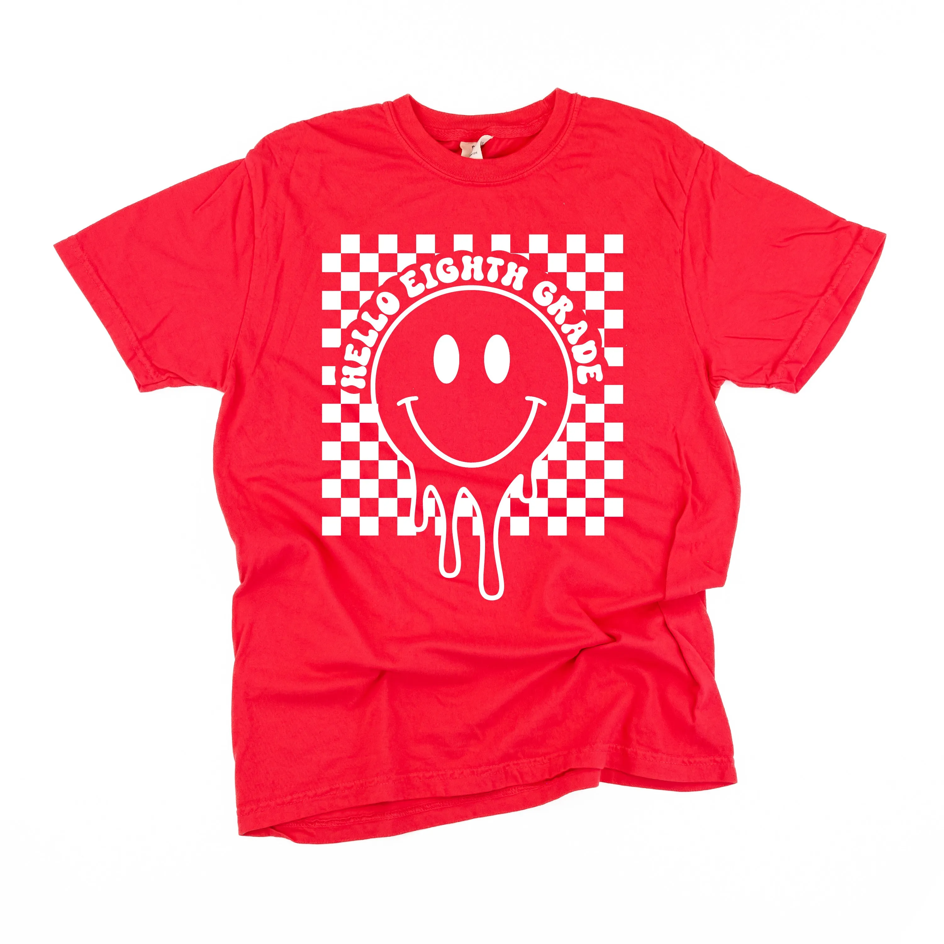 Hello Eighth Grade - Checker Smiley - SHORT SLEEVE COMFORT COLORS TEE