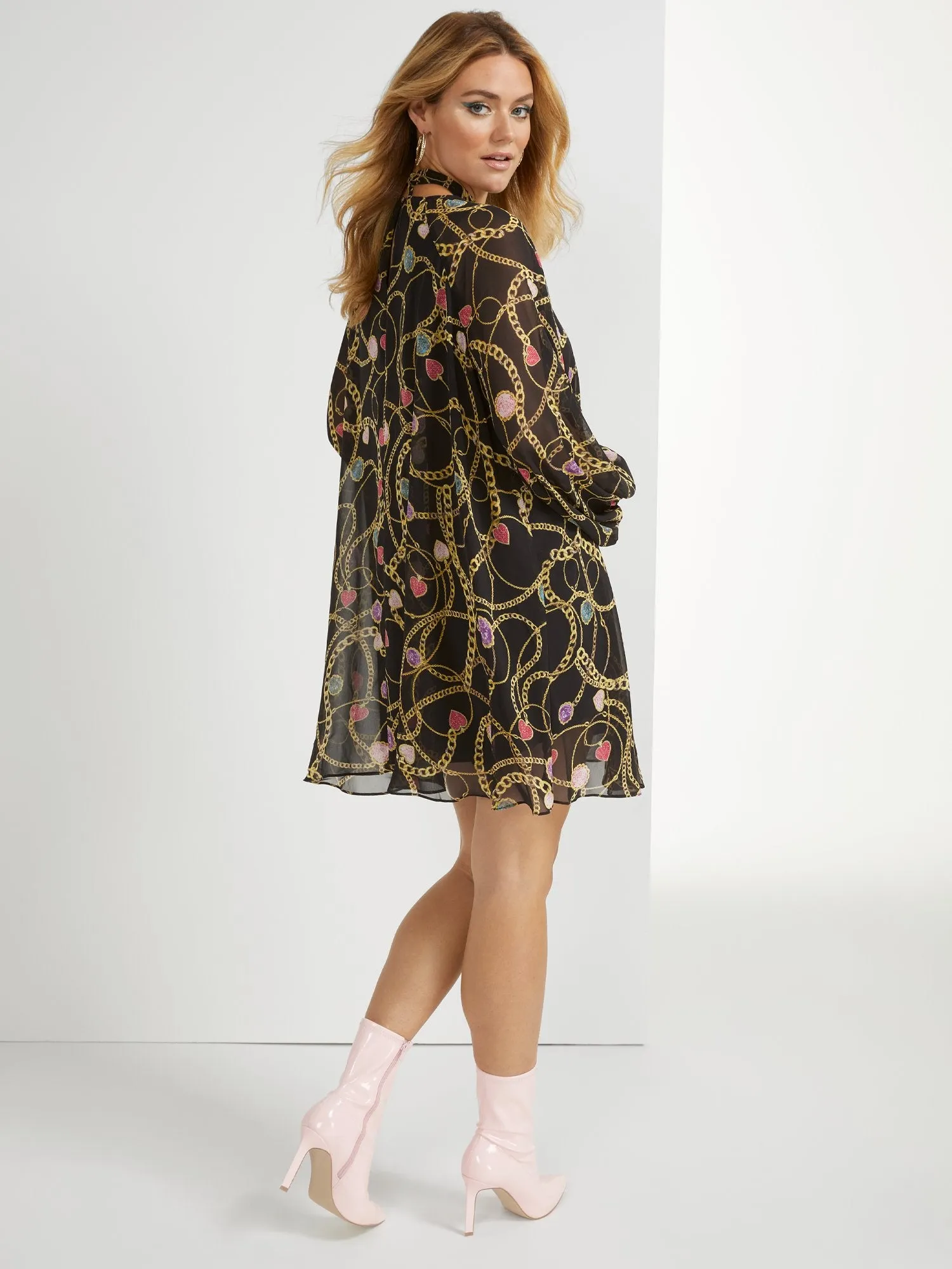 Jewel-Print Tie-Neck Shift Dress