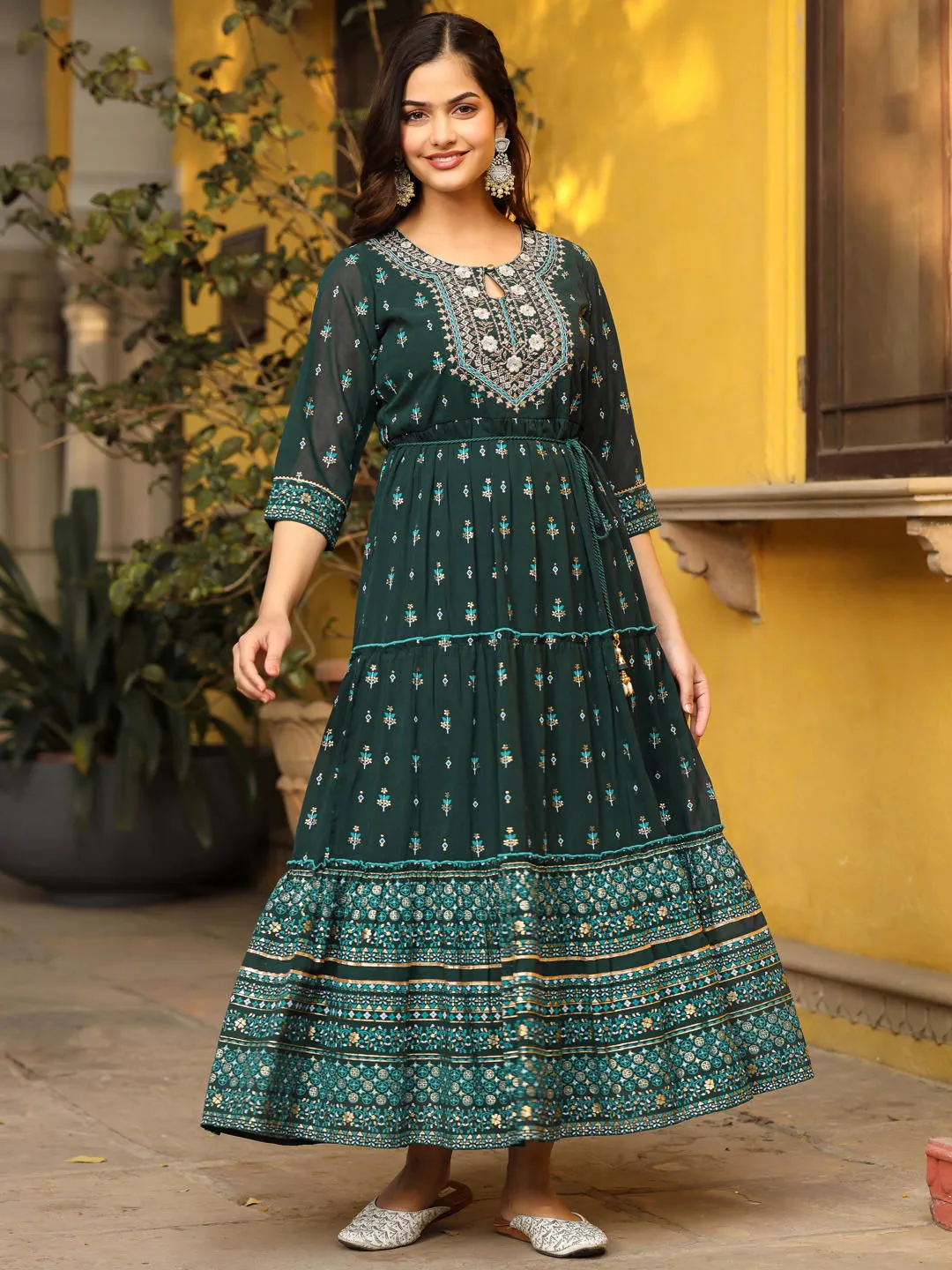 Juniper Green Ethnic Motif Printed Georgette Maxi Dress & Dori With Thread Work