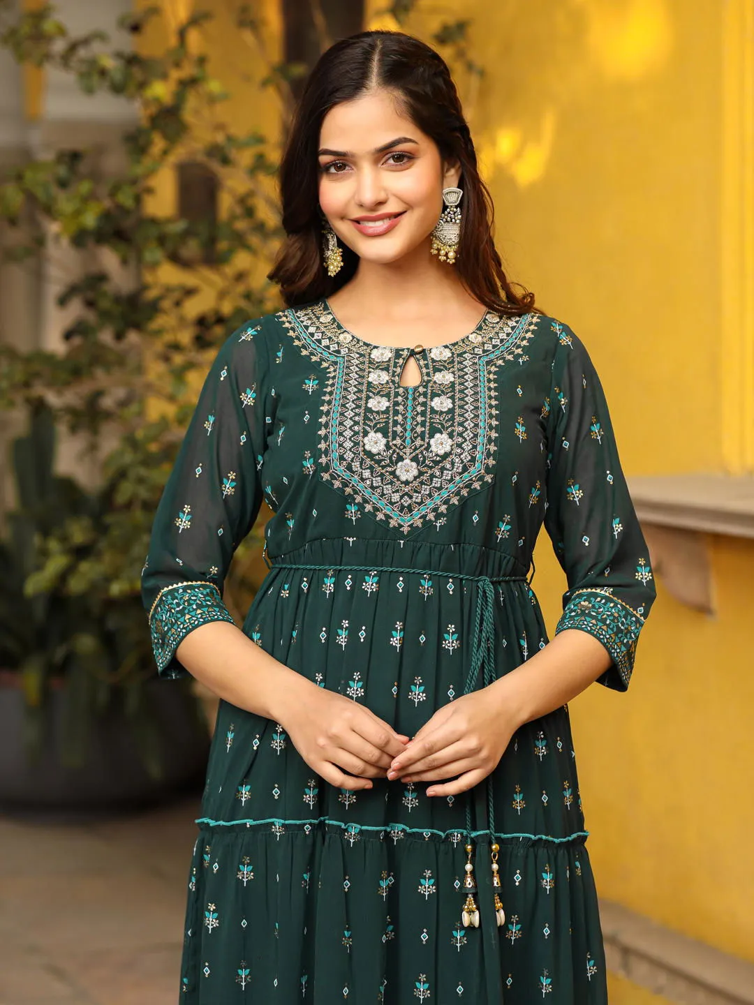 Juniper Green Ethnic Motif Printed Georgette Maxi Dress & Dori With Thread Work