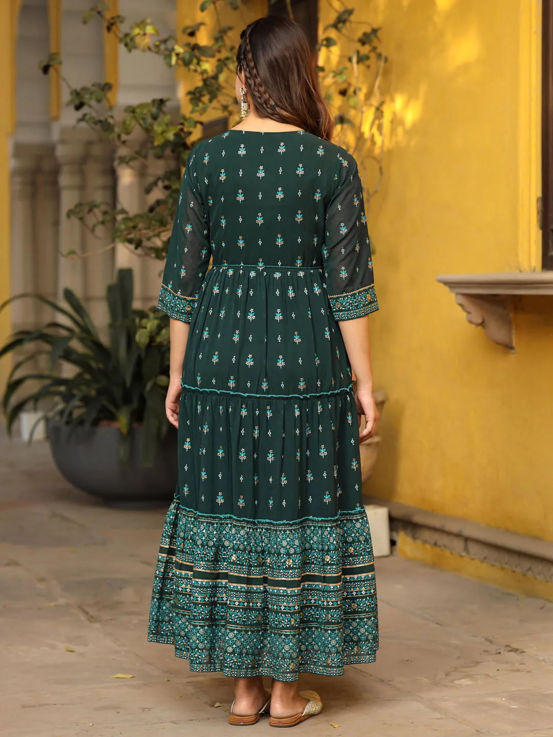 Juniper Green Ethnic Motif Printed Georgette Maxi Dress & Dori With Thread Work