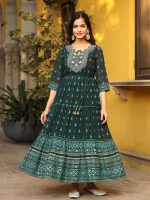 Juniper Green Ethnic Motif Printed Georgette Maxi Dress & Dori With Thread Work