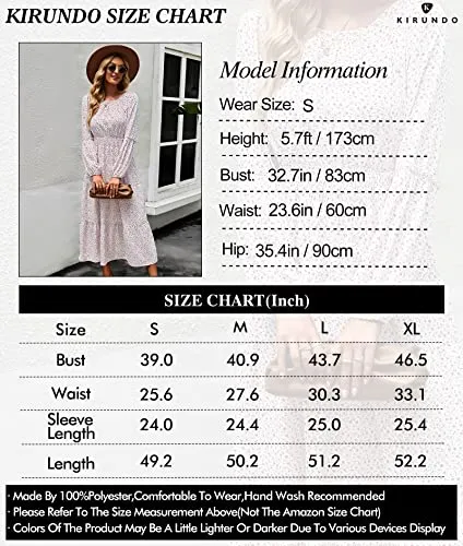 KIRUNDO Women's 2023 Spring Summer Long Sleeve Boho Floral Midi Dress Smocked Waist Crewneck Ruffle Flowy Maxi Dresses(Dark Blue, Large)