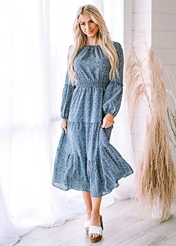 KIRUNDO Women's 2023 Spring Summer Long Sleeve Boho Floral Midi Dress Smocked Waist Crewneck Ruffle Flowy Maxi Dresses(Dark Blue, Large)