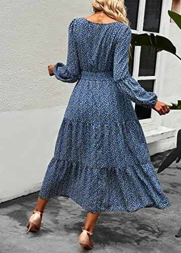 KIRUNDO Women's 2023 Spring Summer Long Sleeve Boho Floral Midi Dress Smocked Waist Crewneck Ruffle Flowy Maxi Dresses(Dark Blue, Large)