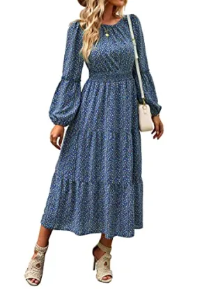 KIRUNDO Women's 2023 Spring Summer Long Sleeve Boho Floral Midi Dress Smocked Waist Crewneck Ruffle Flowy Maxi Dresses(Dark Blue, Large)