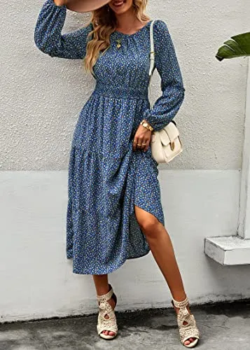 KIRUNDO Women's 2023 Spring Summer Long Sleeve Boho Floral Midi Dress Smocked Waist Crewneck Ruffle Flowy Maxi Dresses(Dark Blue, Large)