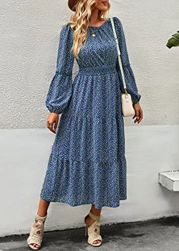 KIRUNDO Women's 2023 Spring Summer Long Sleeve Boho Floral Midi Dress Smocked Waist Crewneck Ruffle Flowy Maxi Dresses(Dark Blue, Large)