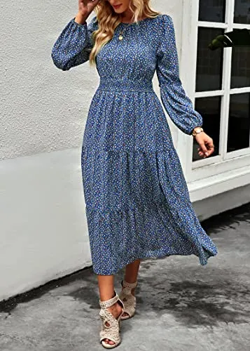 KIRUNDO Women's 2023 Spring Summer Long Sleeve Boho Floral Midi Dress Smocked Waist Crewneck Ruffle Flowy Maxi Dresses(Dark Blue, Large)