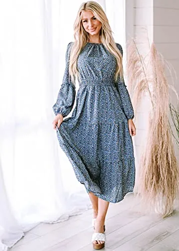 KIRUNDO Women's 2023 Spring Summer Long Sleeve Boho Floral Midi Dress Smocked Waist Crewneck Ruffle Flowy Maxi Dresses(Dark Blue, Large)