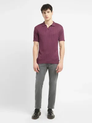 Men's Striped Purple Polo Collar Sweater