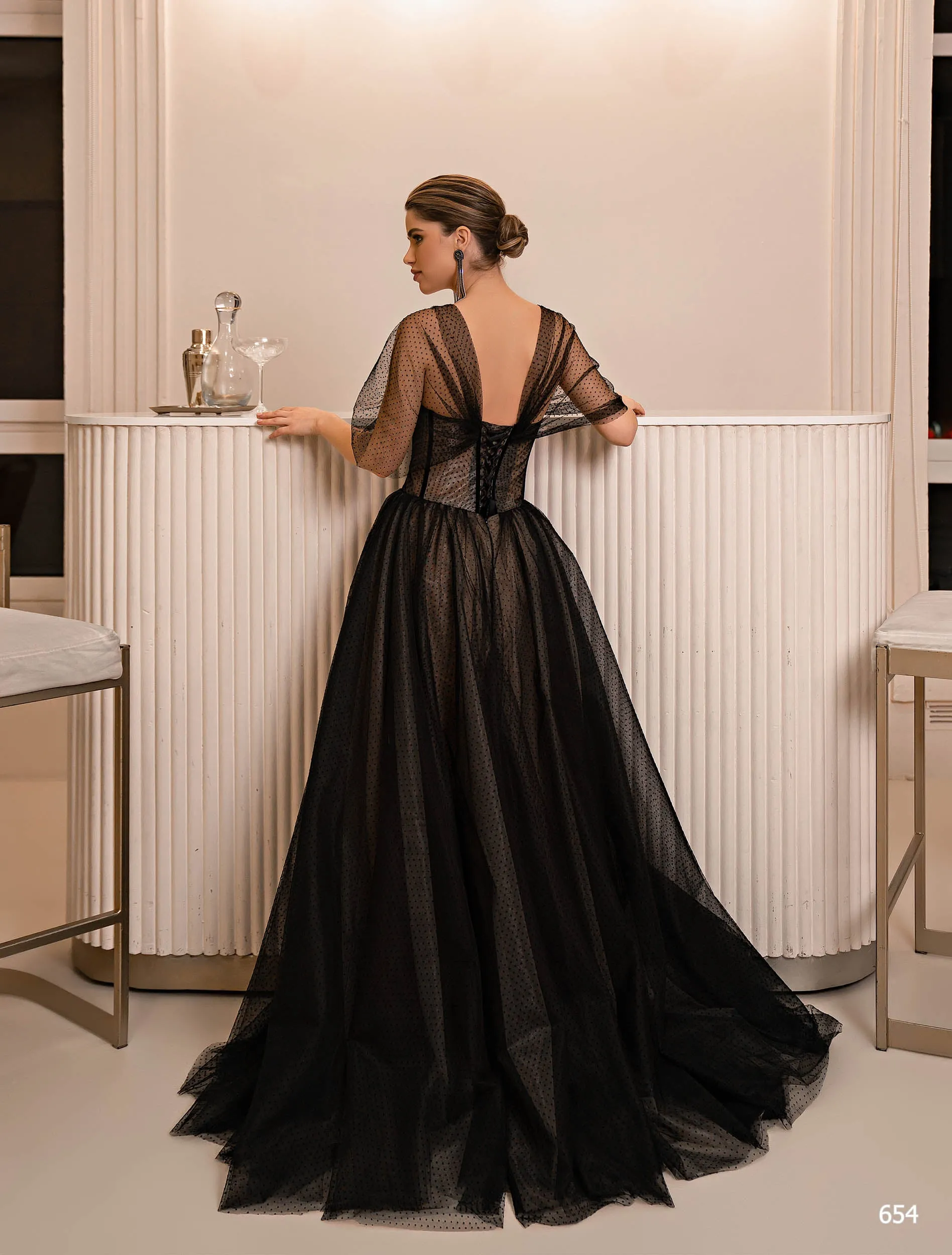 Off Shoulder Black Corset Ball Gown with Slit