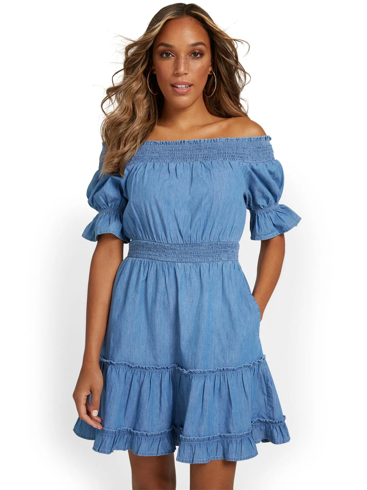 Off-The-Shoulder Chambray Dress