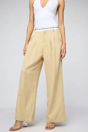 Pale Khaki Contrast Waist Korean Pants