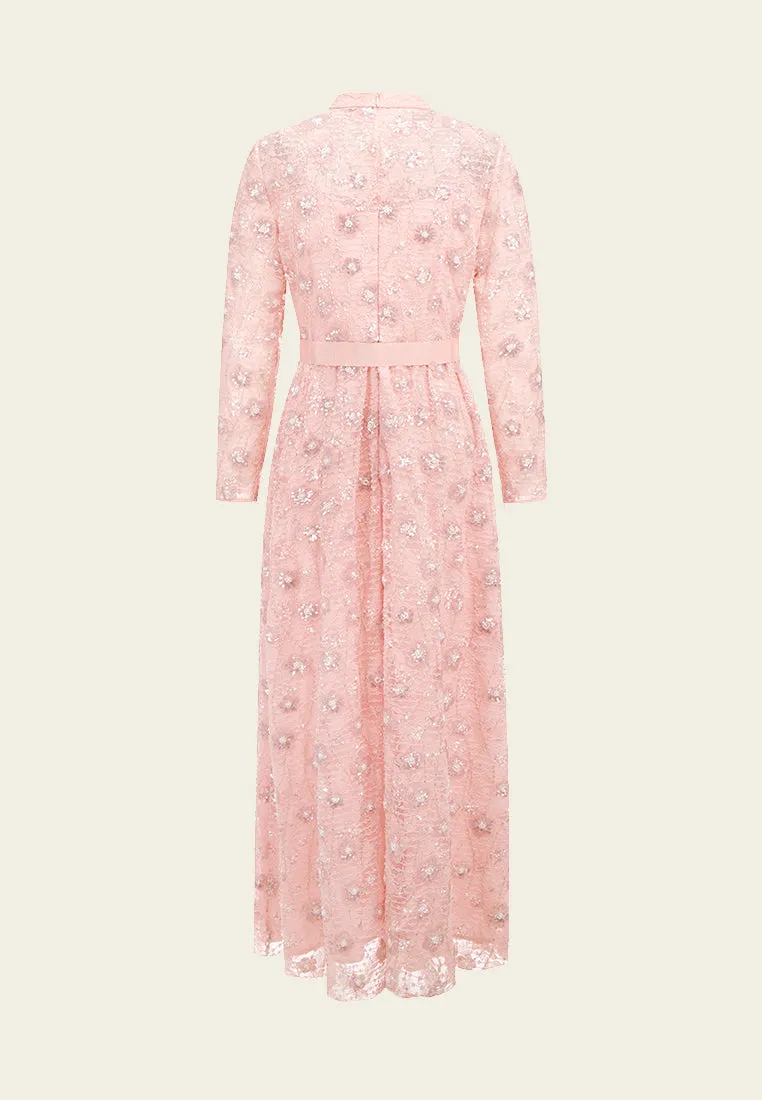 Pink Embroidered Lace Long-sleeved Dinner Dress