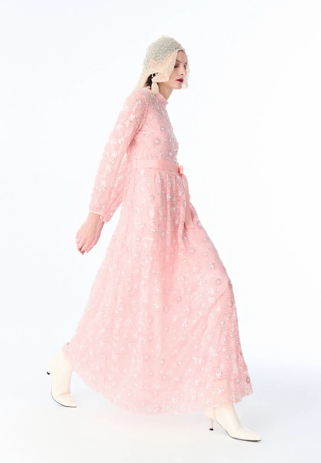 Pink Embroidered Lace Long-sleeved Dinner Dress