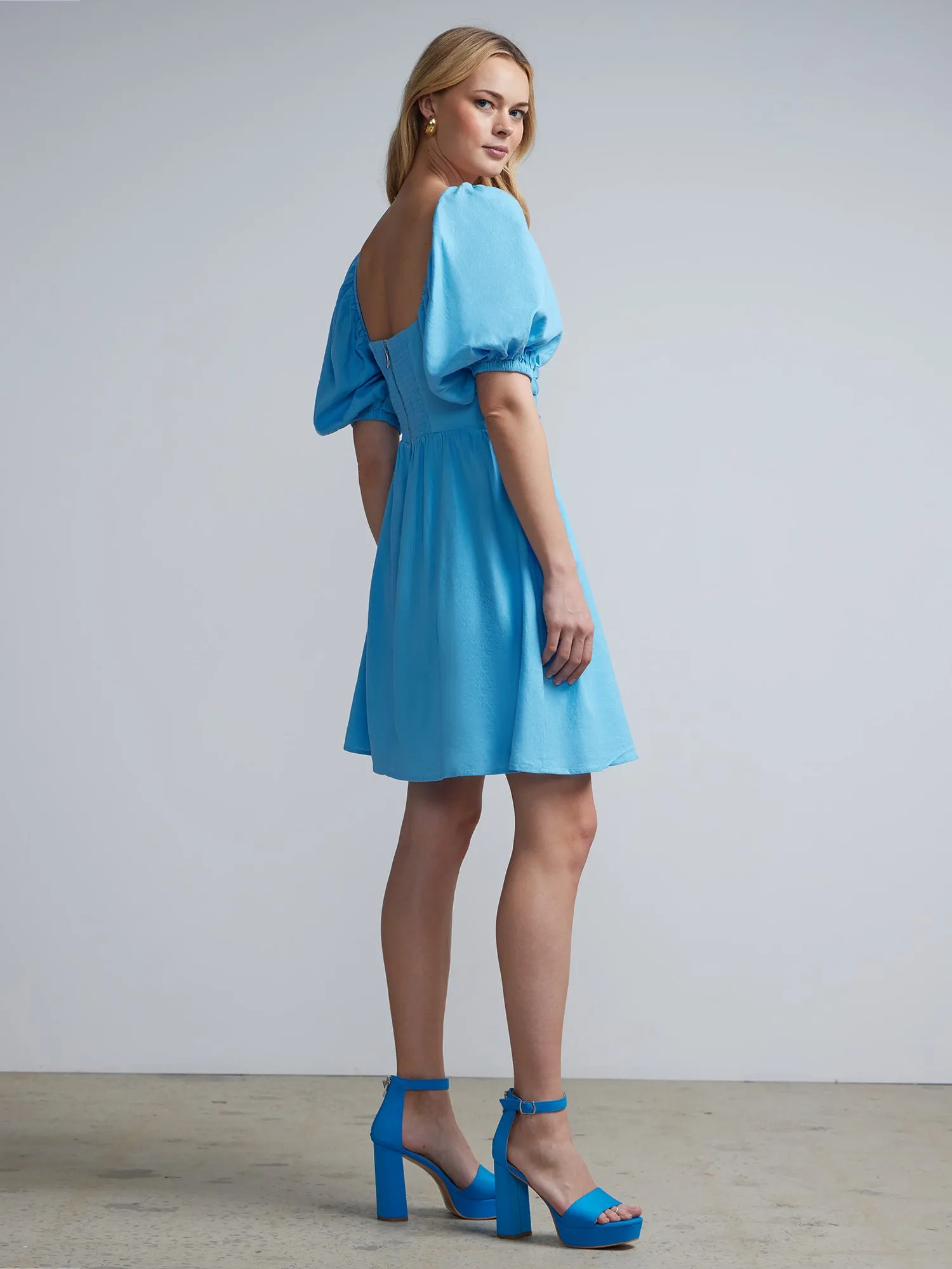 Puff-Sleeve Smocked Shift Dress