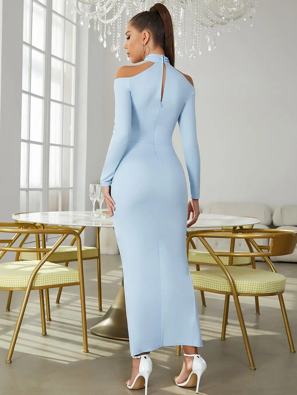 Retro cross hanging neck hollow side slit slim dress