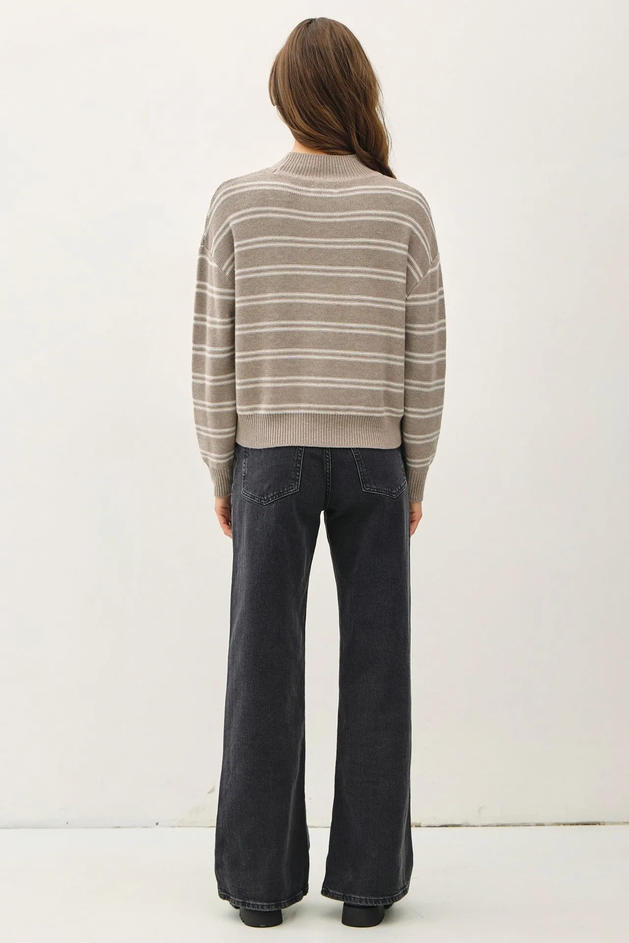 Ribbed Knit Double Stripe Mock Neck Sweater