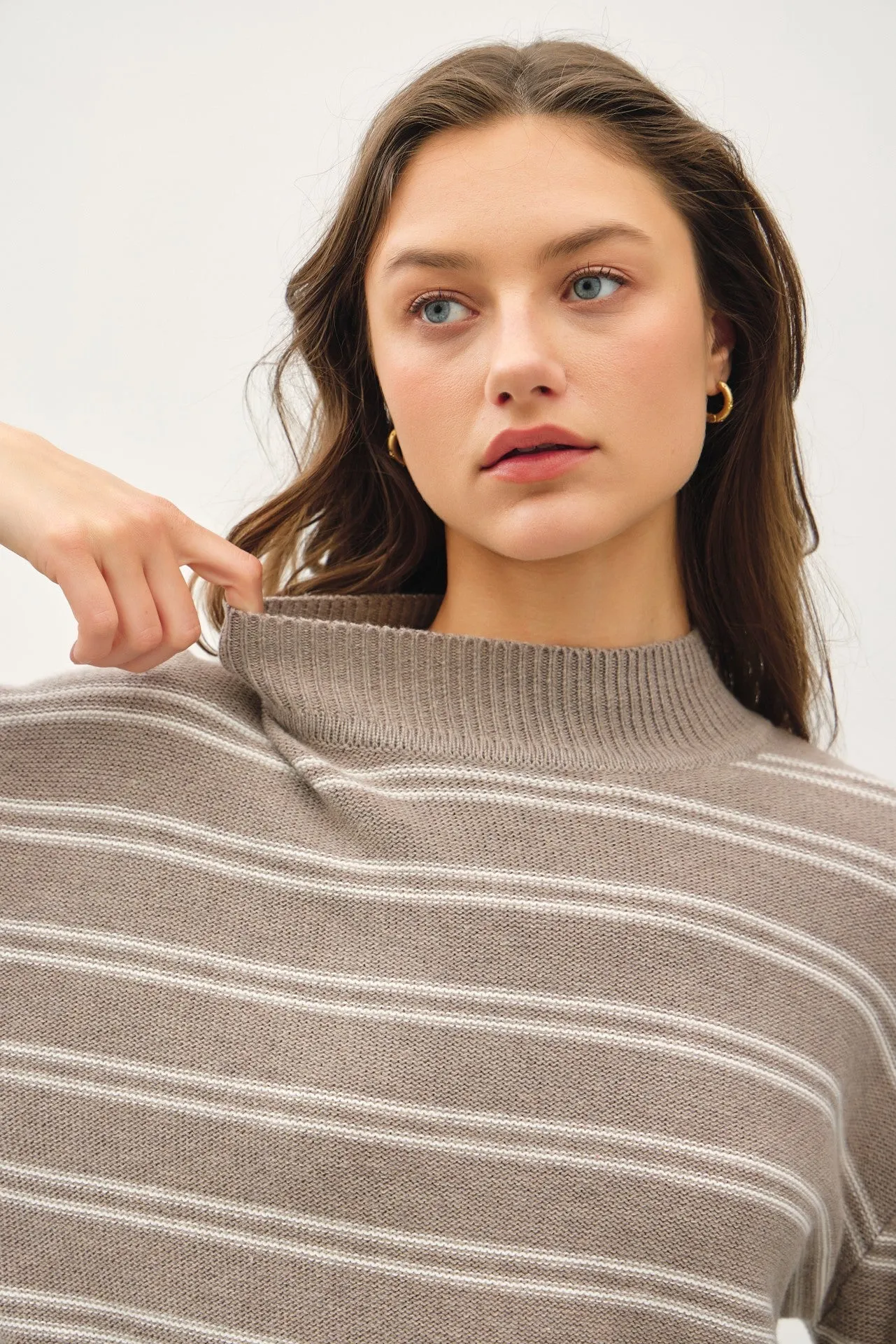 Ribbed Knit Double Stripe Mock Neck Sweater