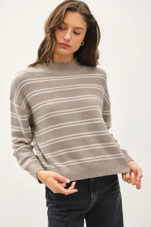 Ribbed Knit Double Stripe Mock Neck Sweater