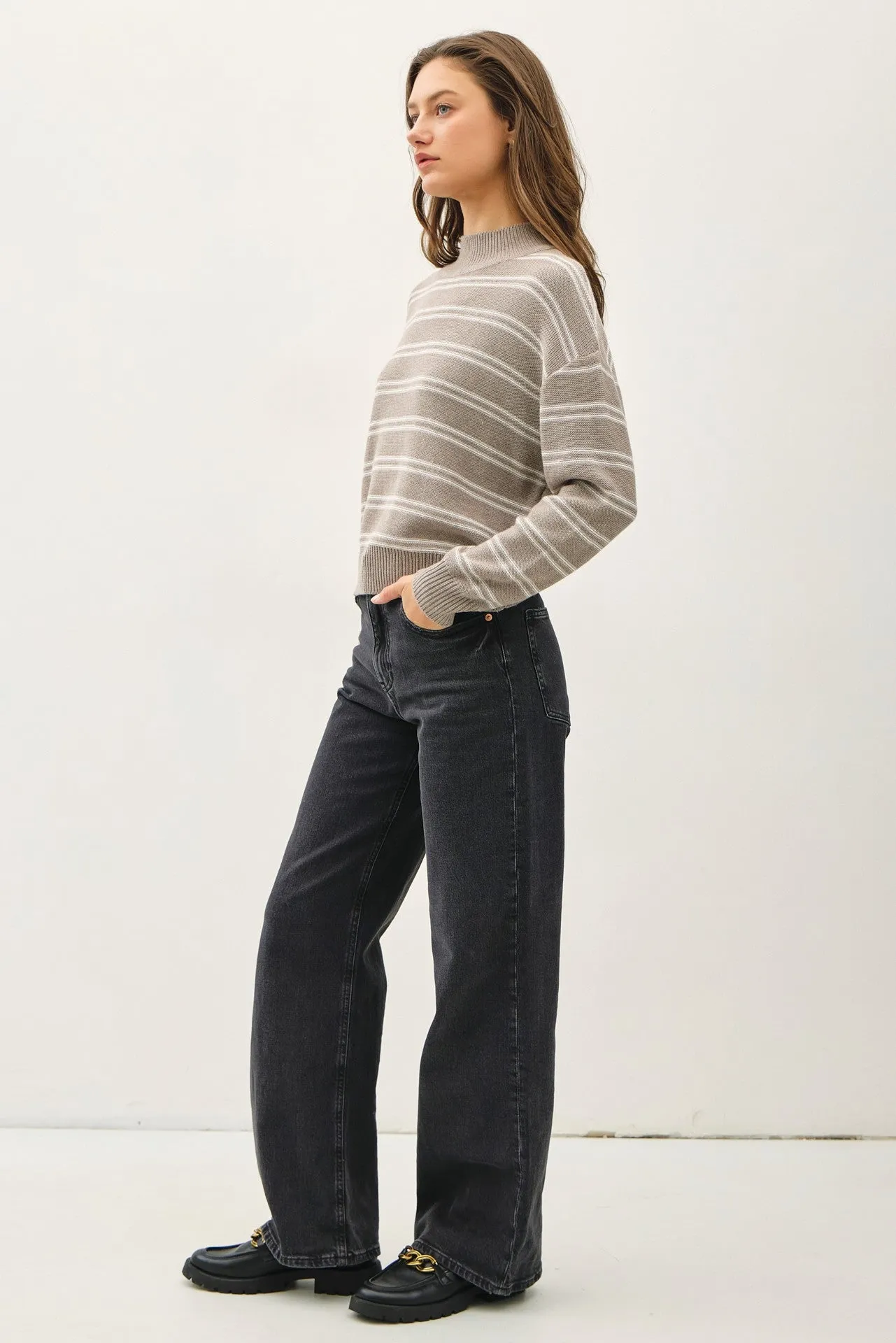 Ribbed Knit Double Stripe Mock Neck Sweater