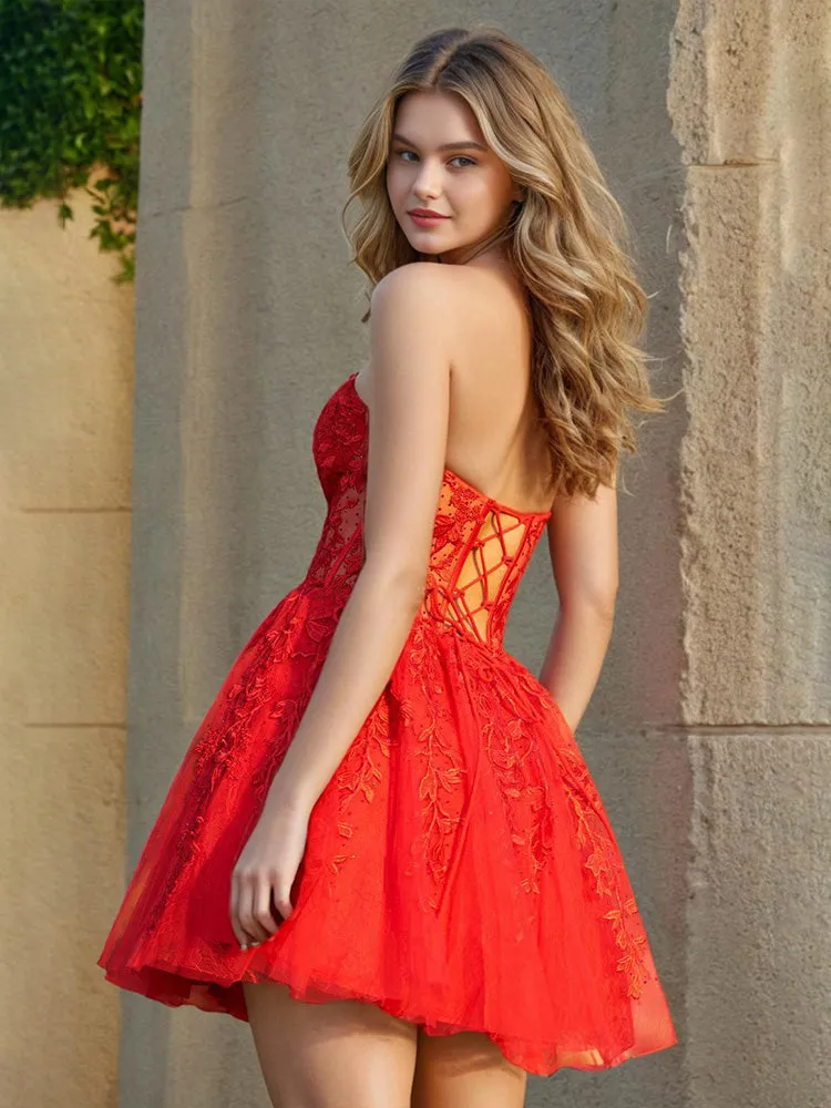 See-through Sweetheart Sleeveless Red Mini Homecoming Dresses