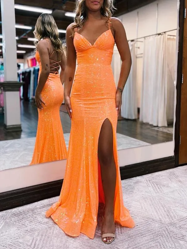 Sparkly Orange Sequins Mermaid Long Prom Dress