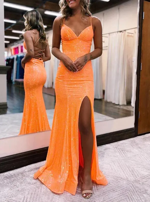 Sparkly Orange Sequins Mermaid Long Prom Dress