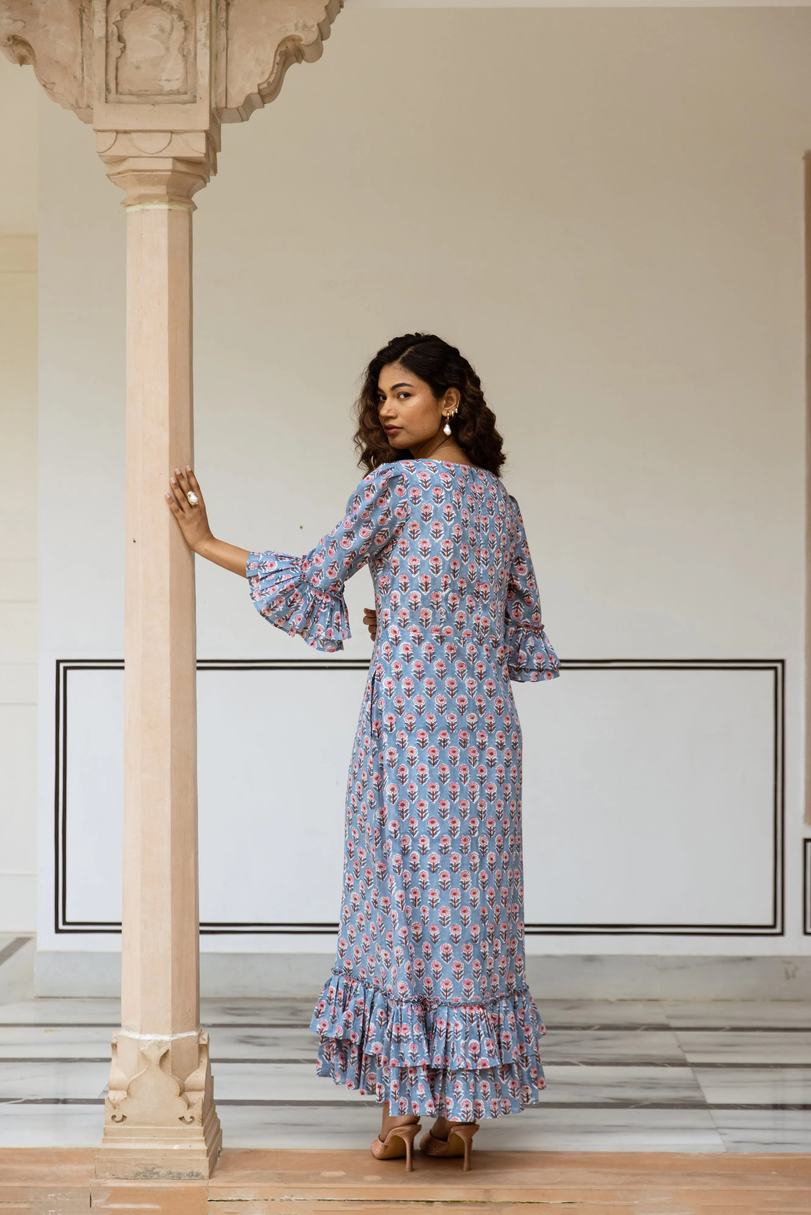 The Leela - Midi Cotton Block Print Dress -  Powder Blue