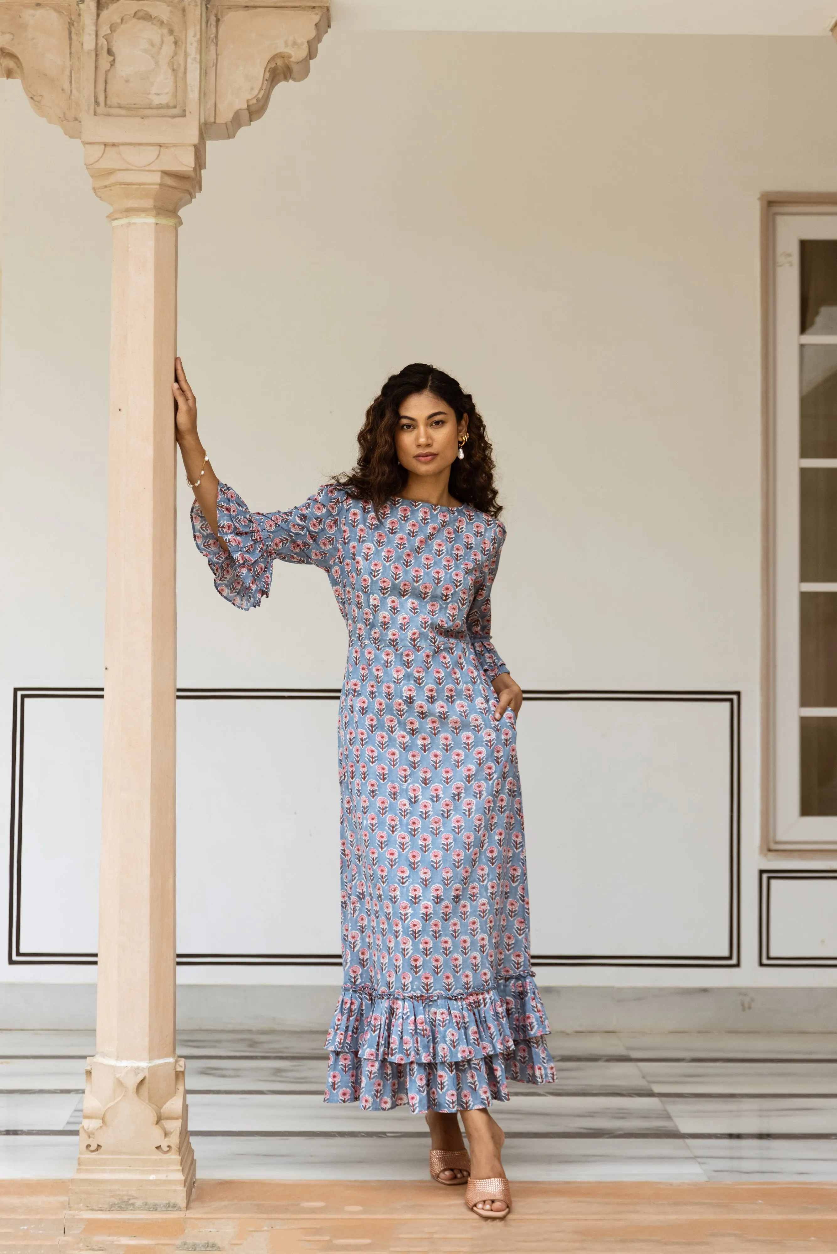 The Leela - Midi Cotton Block Print Dress -  Powder Blue