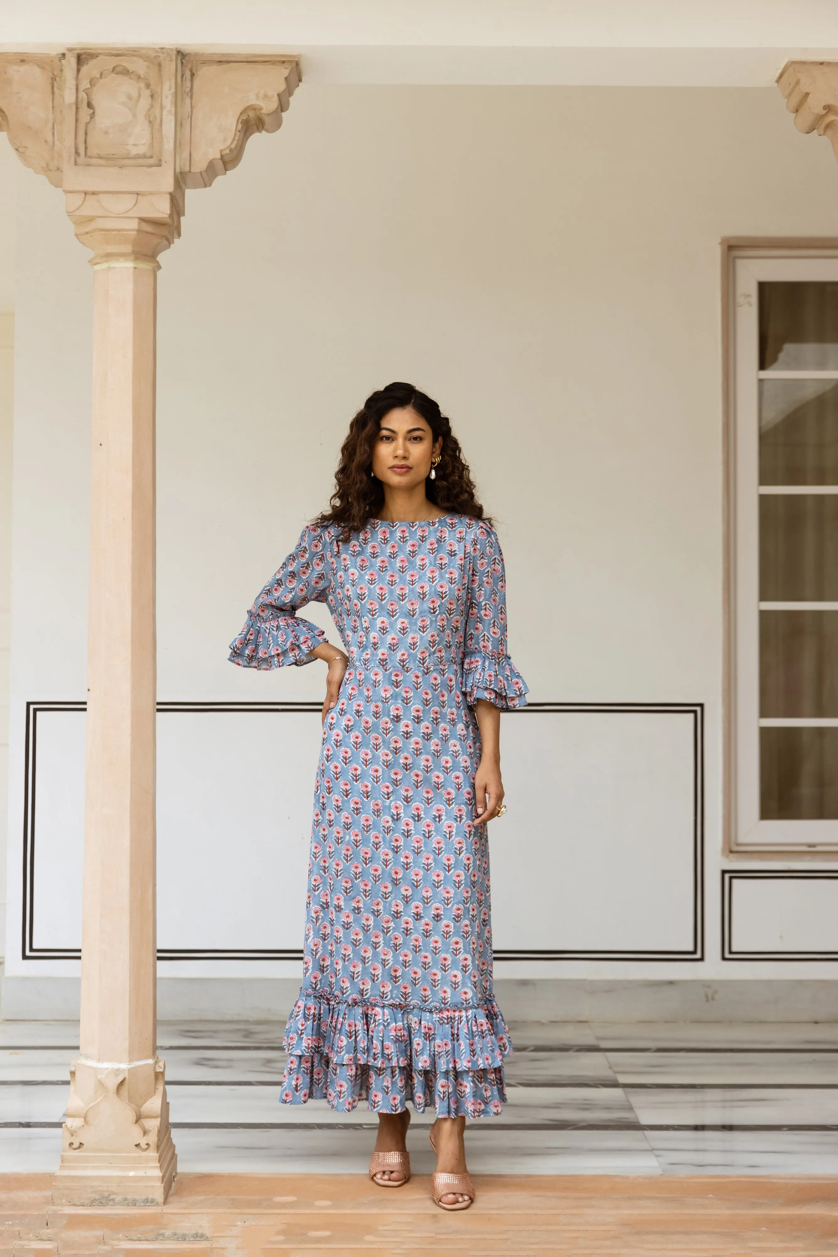 The Leela - Midi Cotton Block Print Dress -  Powder Blue