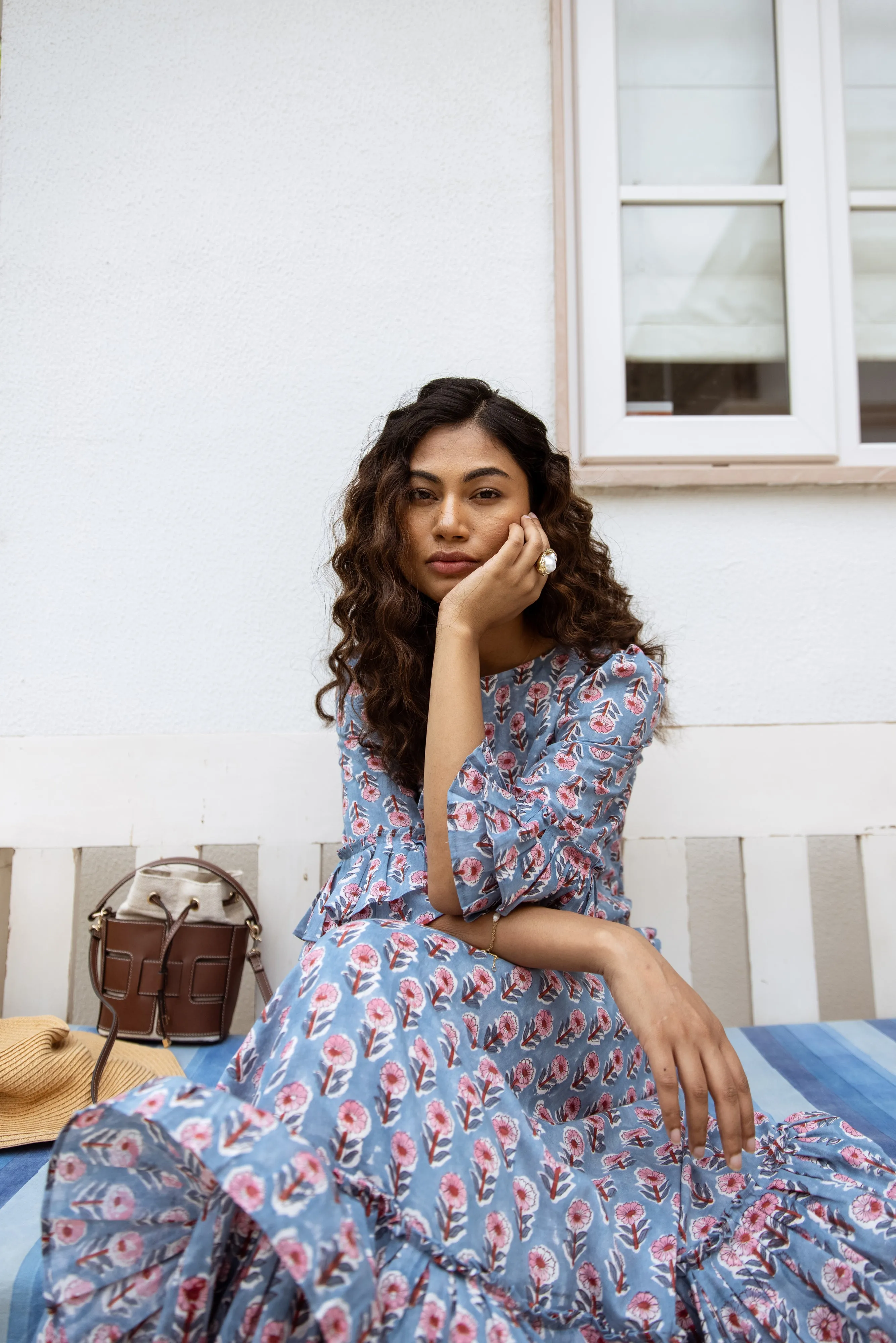 The Leela - Midi Cotton Block Print Dress -  Powder Blue