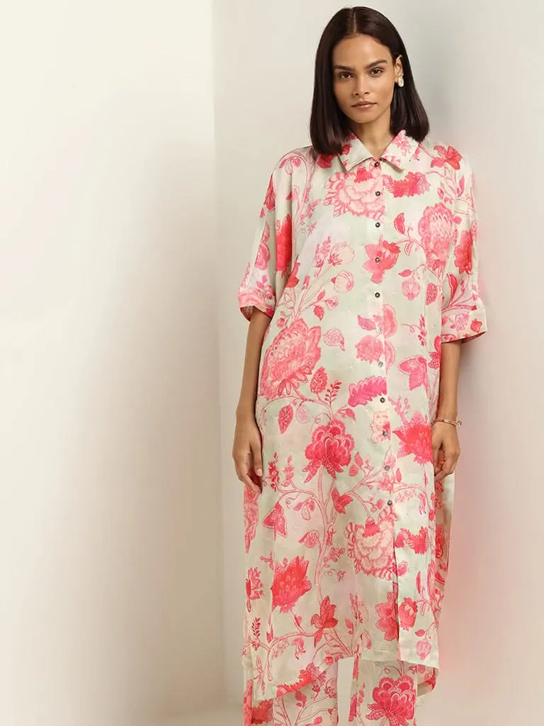 Vark Pink Printed Kaftan Kurta & Palazzos Set