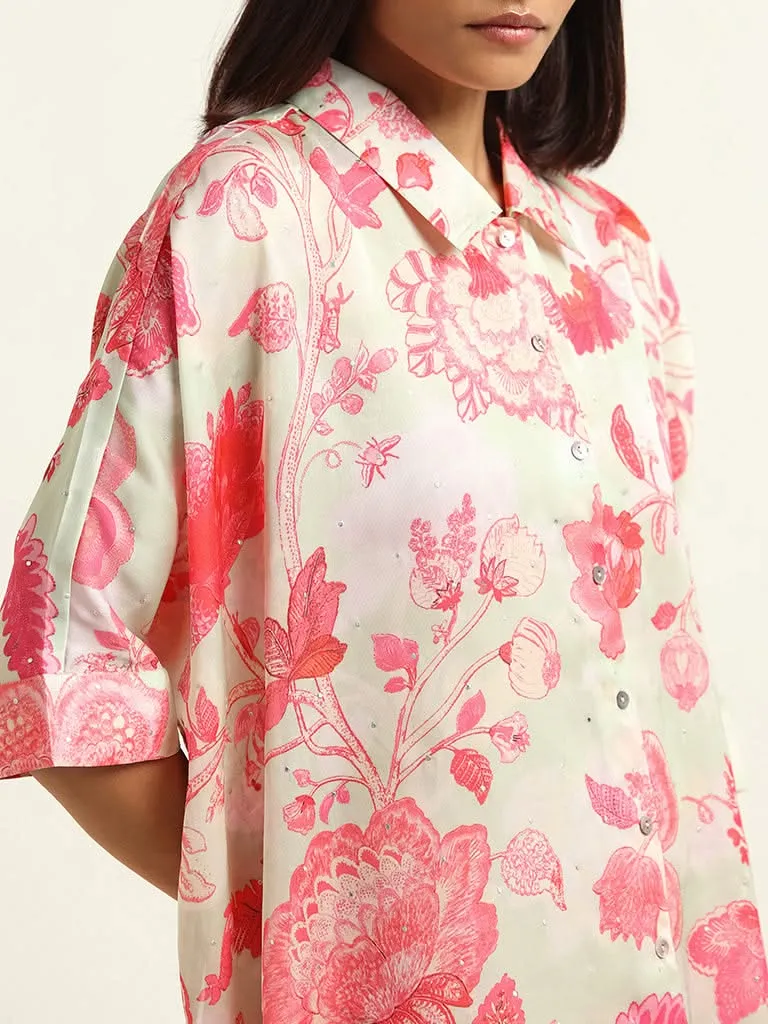 Vark Pink Printed Kaftan Kurta & Palazzos Set