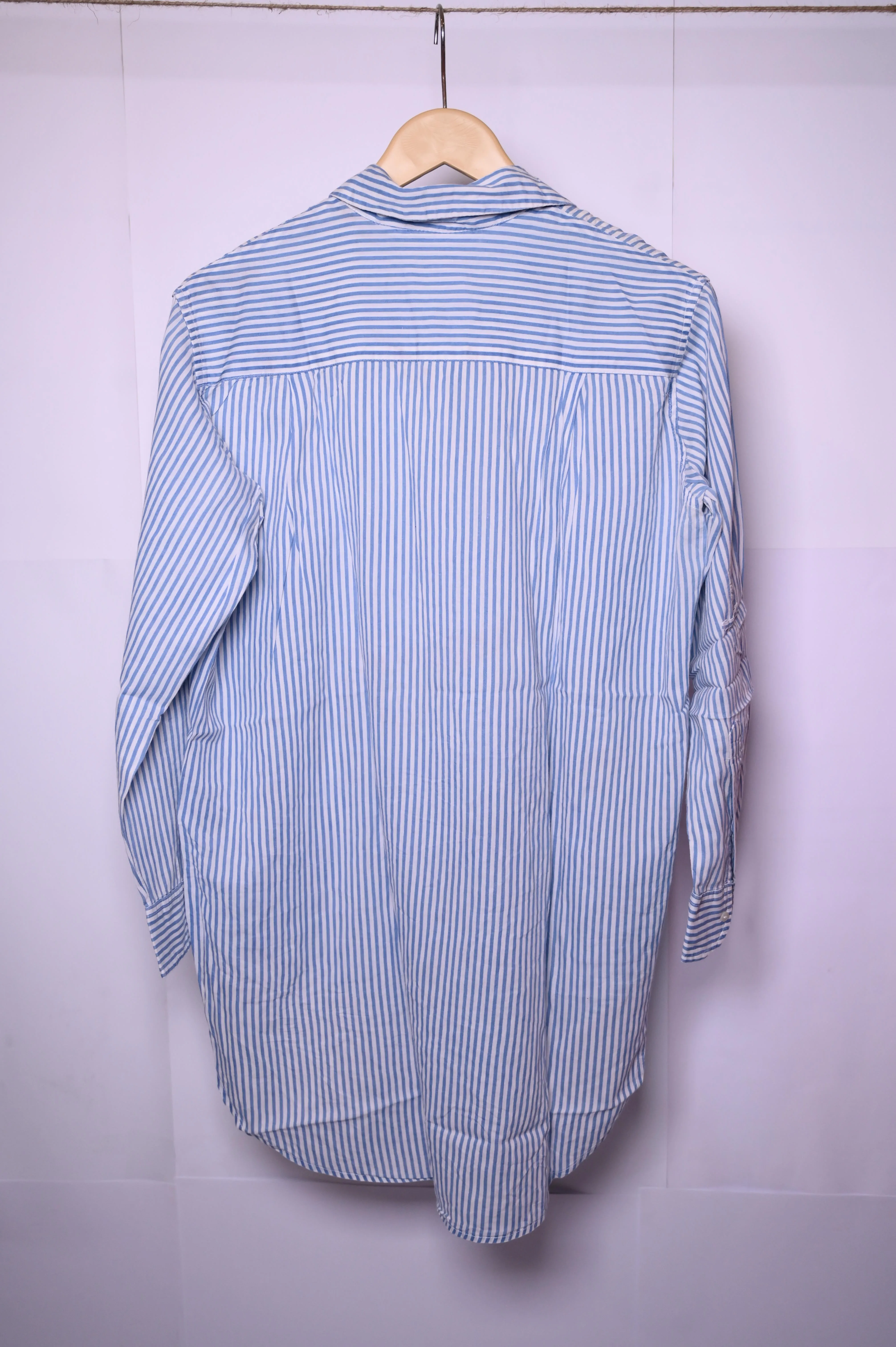 Zara Medium Blue and White Lines Button-Down Blouse