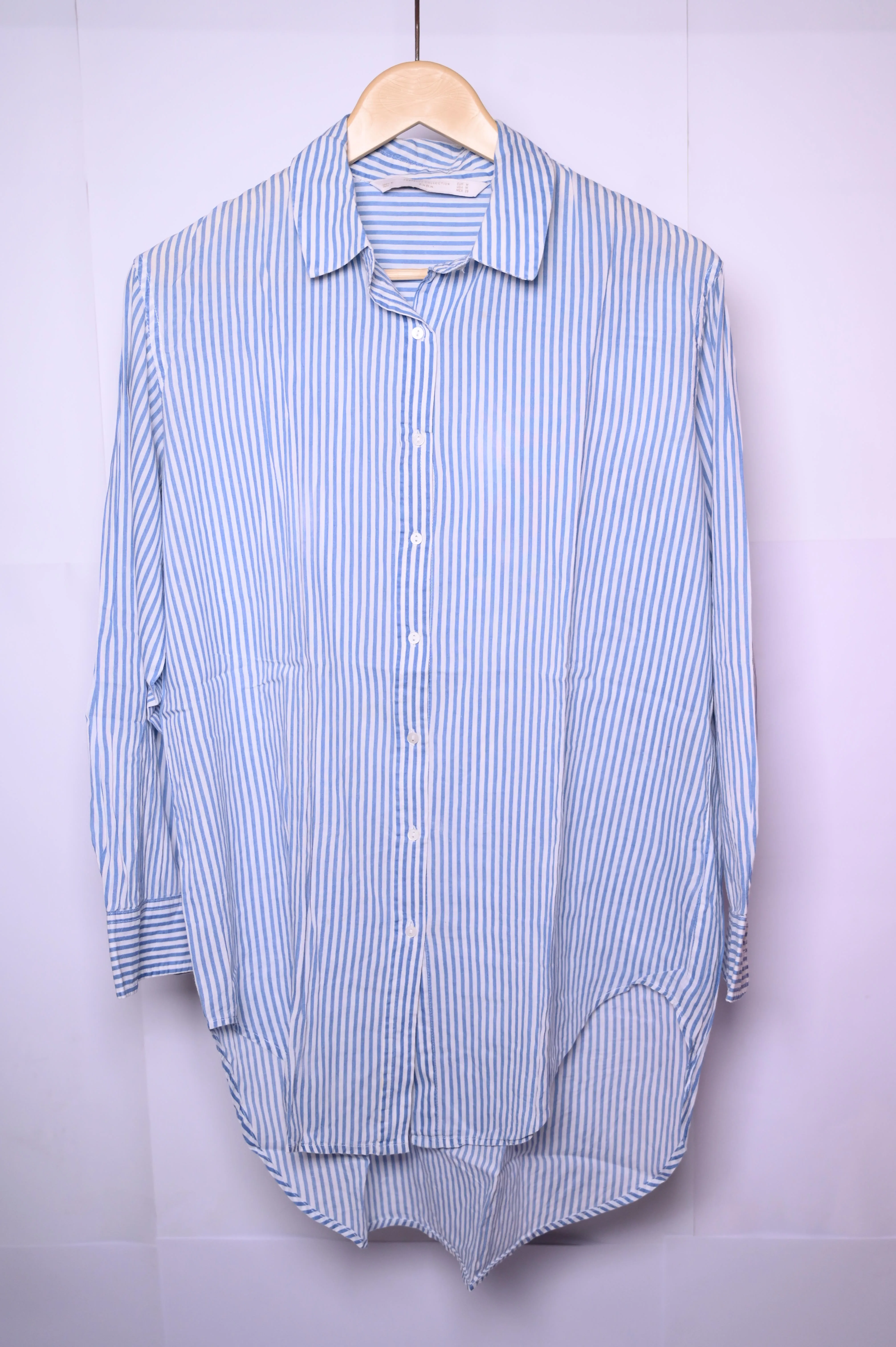 Zara Medium Blue and White Lines Button-Down Blouse