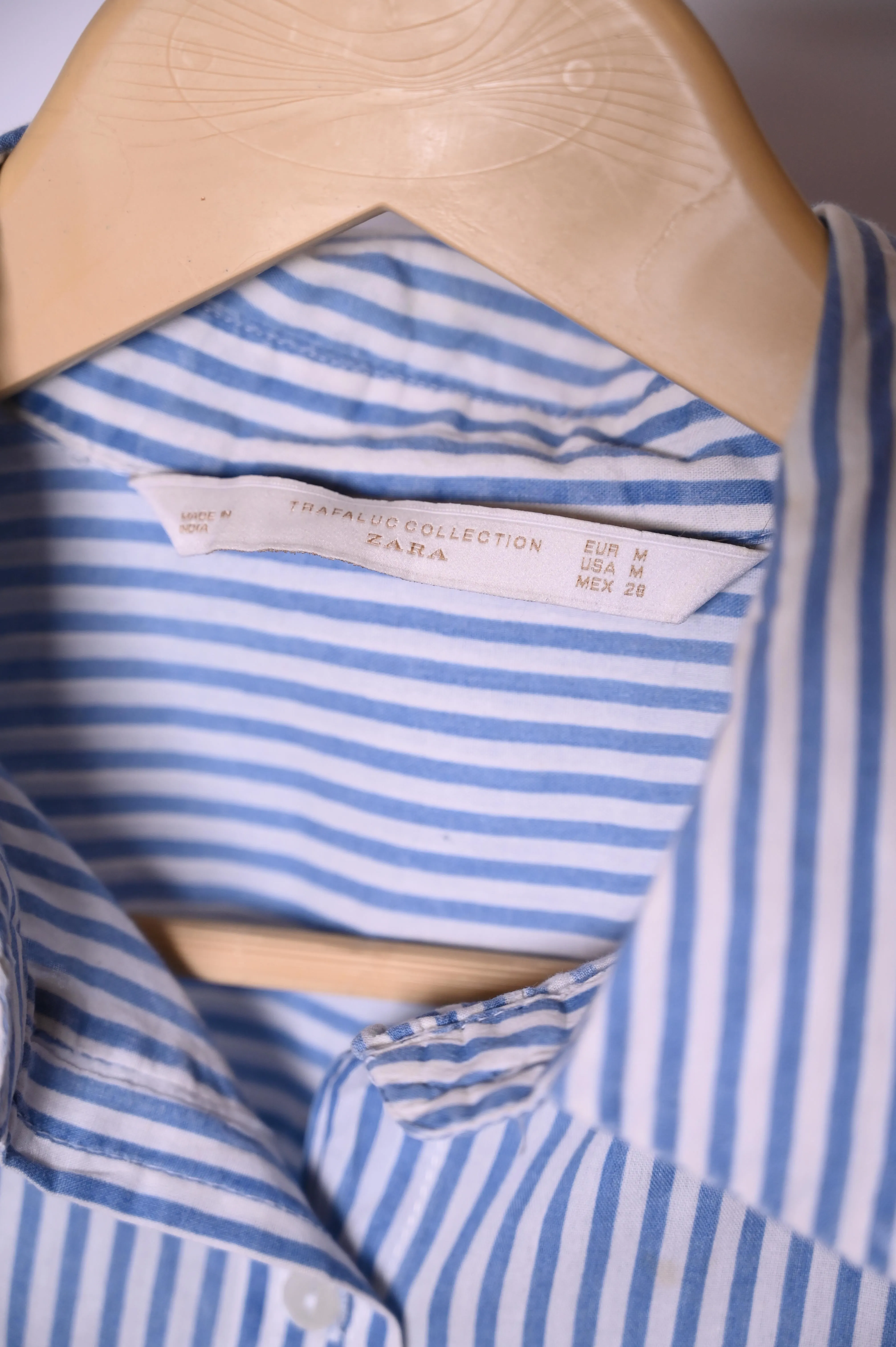 Zara Medium Blue and White Lines Button-Down Blouse